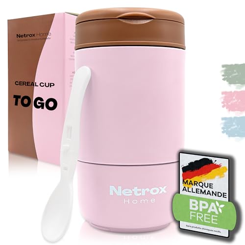 Netrox Gobelet à Emporter 2-en-1 avec Cuillère – Tasse Isotherme en Acier Inoxydable pour Céréales, Yaourt, Porridge ou Soupe – Récipient Hermétique Portable pour Enfants et Adultes - rose