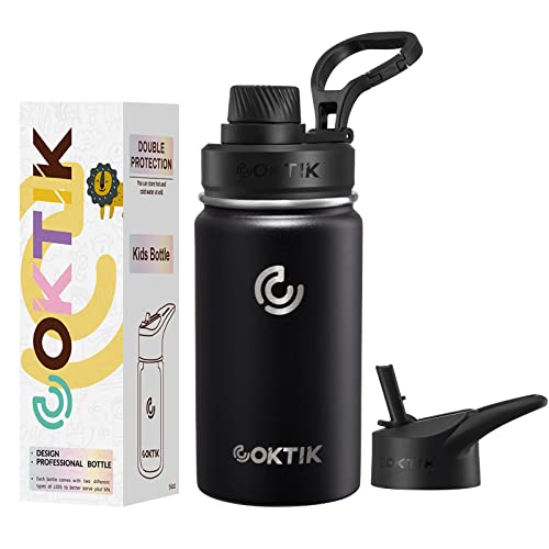 Coktik 14 Oz Kids Insulated Water Bottle With Straws And 2 Lids, Bpa Free And Leakproof Double Walled Stainless Steel Kids Water Bottle For School, Sports, Travel (Black) #TOP25