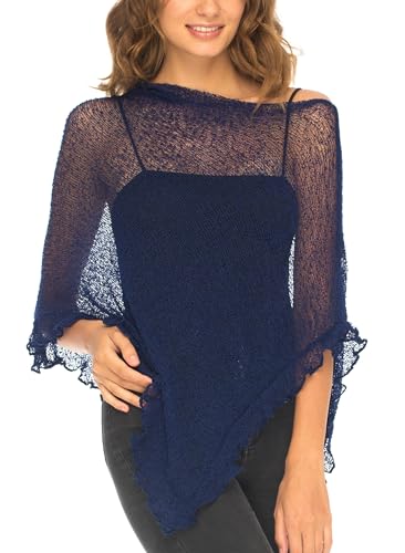 Image of SHU-SHI Women's Sheer Knit Poncho Shrug Lightweight Asymmetrical Ruffle Wrap Dressy Summer Shawl Cover Up Top