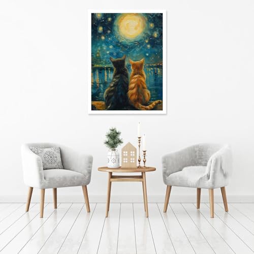 Image of Cat Paint by Numbers for Adults with Easel, Framed Painting by Numbers kit on Canvas for Beginners, Starry Night Oil Painting Set Craft Supplies, 3 Paintbrushes and Acrylic Paint 12x16 Inch