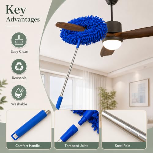 Image of Fan Cleaner Brush with Long Rod Telescopic Cleaning Mop Microfiber Dust Cleaner Foldable Duster for Home Cleaning Microfiber Duster for Cleaning of Home Kitchen Car Ceiling (Blue-Dense Chenille Fiber)