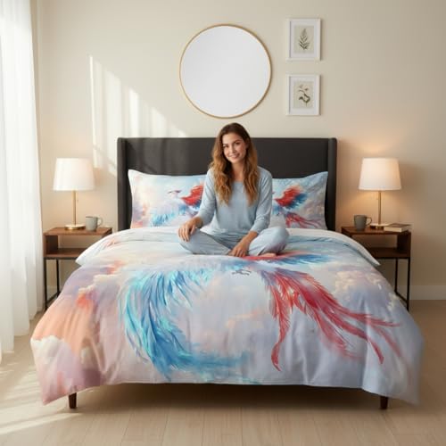 CCoutueChen Abstract Phoenix Comforter Set King Size, Chinese Asian Peacock Birds Soft Bedding Set for Girls Teens Bedroom Decor, 3 Pcs 2 Pillowcases, 104"x90"