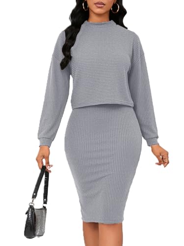 Women's Fall 2 Piece Sweater Set Rib Knit Long Sleeve Bodycon Midi Skirt Casual Winter Outfits
