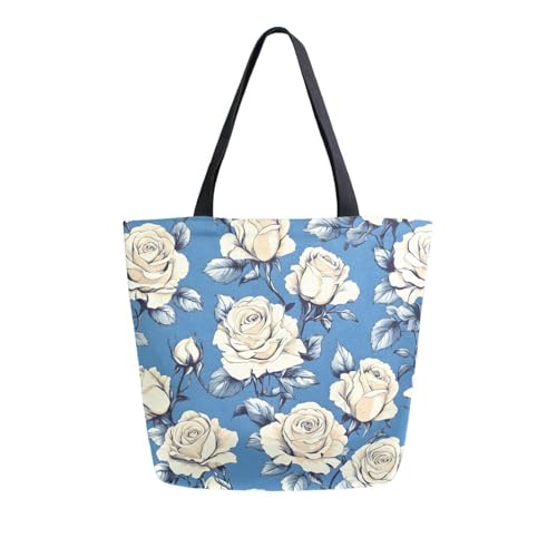 Extra Large Shoulder Tote Bag for Beach Travel Weekender Gym Yellow Flower Blue Leaves Pattern Reusable Grocery Canvas Shopping Bag