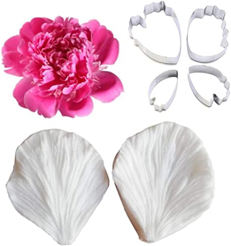 Set of 6 Peony Flower Silicone Veining Molds for Petal Sugar Crafting, Stainless Steel Cookie Cutters for Fondant, Soap, Chocolate, and Baking