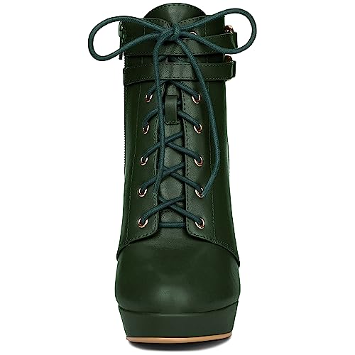Allegra K Allegra K Women's Lace Up Platform Block Heels Dark Green Ankle Boots 6 m US