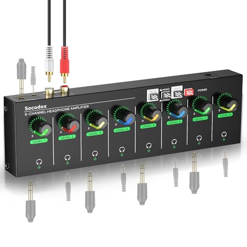 socodox 8-Channel Headphone Amplifier 3.5mm/6.35mm/RCA Jacks, Metal Compact Headphone Mixer with 16 Headphone Output Port, Stereo Switch, Mute Function, RGB Light, 9x2.76x1.1 inch