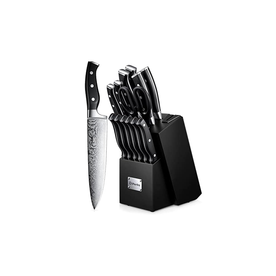 DPerlla-Knife-Set-14PCS-German-Stainless-Steel-Kitchen-Knives-Block-Set-with-Built-in-Sharpener-Black Knife Set, D.Perlla 14 Pieces Kitchen Knife Set with Built-in Sharpener, Stainless Steel Knives Block Set with Unique Waved Pattern, Non-slip Handle, Black