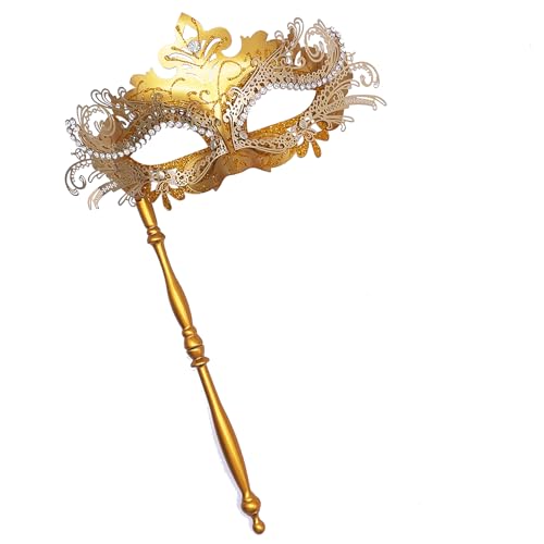 Geek-M Masquerade Mask for Women/Men, Fancy Party Face Mask Venetian Mask for Prom Ball Halloween Mardi Gras (masquerade mask with stick Gold)