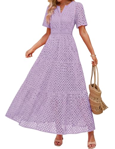 Image of ZESICA Women's 2026 Summer Short Sleeve Maxi Dress Casual V Neck Hollow Out Eyelet Ruffle Swing A Line Long Dresses