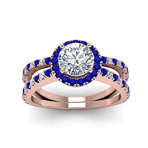 Image of 55Carat Choose Your Gemstone Reverse Split Shank Halo Diamond CZ Ring Rose Gold Plated Round Shape Halo Engagement Rings Matching Jewelry Wedding Jewelry Easy to Wear Gifts US Size 4 to 12