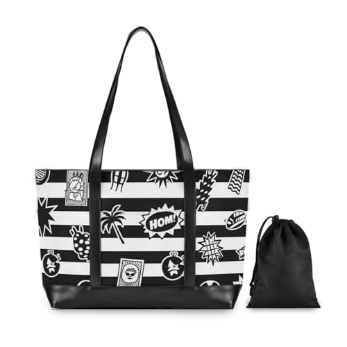 Black White Striped Retro Summer Cool classy laptop tote bag for women with zipper travel tote bag for men with lunch2