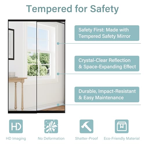 Image of Sliding Closet Doors 60 inch x 80 inch(Double 30.4 inch x 80 inch), Mirrored Doors Aluminum Frame with Hardware Kit & Guide, Interior Door for Bedroom No Assembly Required, Black