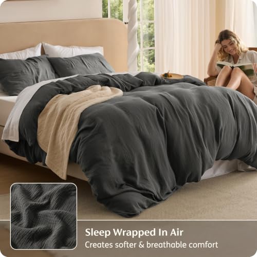 Image of Bedsure 100% Muslin Cotton Duvet Cover Queen Size - Ultra-Soft Gauze Duvet Cover, PureWoven Breathable & Lightweight Bedding Set with Button Closure and Corner Ties (Dark Grey, Queen, 90 inchx90 inch)