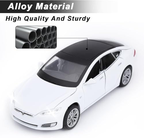 Image of WORSHIPER Tesla Model 66063 1:32 Scale Alloy Diecast Model Metal Pull-Back Car with Sound Light and Opening Doors: A Kids' Toy Vehicle Gift (1:32 Tesla - White)