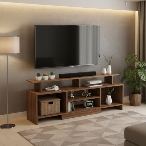 Image of FURNEASER Kashvi Floor Standing TV Unit for Living Room | Modern Engineered Wood TV Cabinet with Open Storage Shelves | Entertainment Center for Upto 55 Inch TV (Exotic Teak Finish)