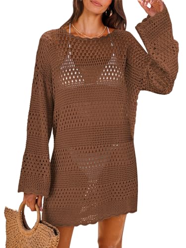 Image of ANRABESS Women Swimsuit Crochet Swim Cover Up 2026 Summer Bathing Suit Swimwear Mesh Knit Beach Dress Vacation Outfits