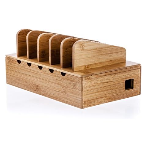 Prosumer's Choice Bamboo Charging Station Organizer - Multi-Device Docking Station with Removable Divider Slots - Tablet and Smartphones Rack and Cable Management Slots - 12.5Lx6.5Hx7.5W-Inch Cover