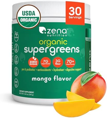 Zena Nutrition Organic Super Greens Powder, 70+ Superfoods, 0 Sugar, 3G Fiber, Spirulina, Chlorella, Antioxidants, Prebiotics/Probiotics, Digestive Enzymes, Mango, 30 Servings