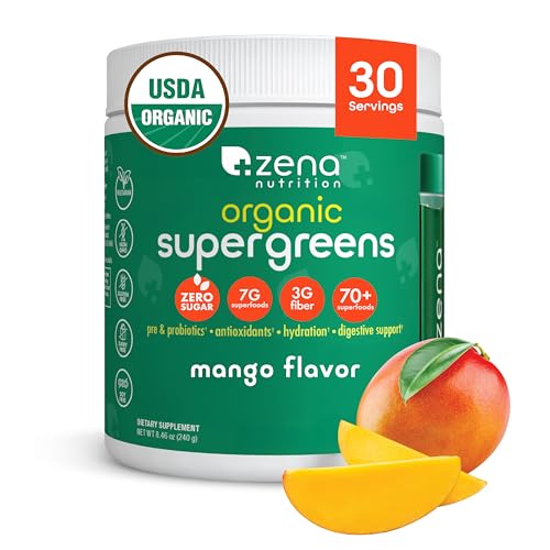 Zena Nutrition Organic Super Greens Powder, 70+ Superfoods, 0 Sugar, 3G Fiber, Spirulina, Chlorella, Antioxidants, Prebiotics/Probiotics, Digestive Enzymes, Mango, 30 Servings