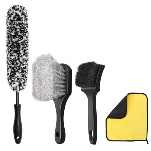 Wuqazu 4PCS Compact Wheel & Tire Cleaning Kit - 360 Flexible Synthetic Wool Rim Brush 2 Dual-Bristle Brushes & Microfiber Towel | Scratch-Free for All Vehicles
