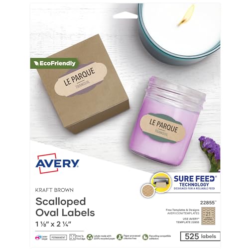 Avery Kraft Brown Scalloped Oval Labels with Sure Feed Technology, 1-1/8