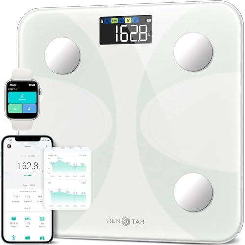 RunSTAR Körperfettwaage, Personenwaage Digitale mit großem Display, Analysator für 13 essentielle Körperwerte, mit App-Synchronisierung - Weiß