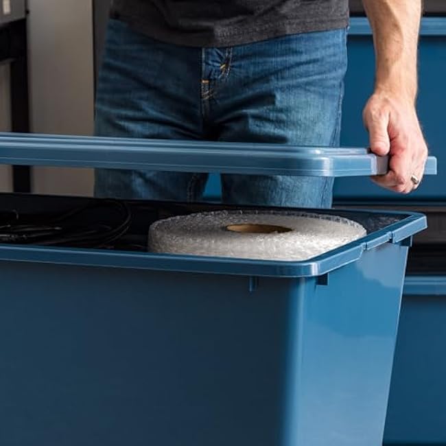 IRIS USA 91 Qt Stackable Plastic Storage Bins with Lids, 4 Pack - BPA-Free, Eco-Friendly, Discreet Organizing Solution, Latches, Durable Nestable Containers, Secure Pull Handle, Made in USA - Navy