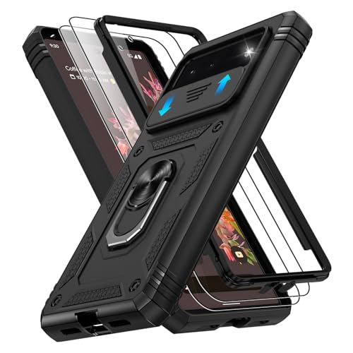 Coque pour Pixel 6 antichoc noire, lot de 2 avec vitre écran et anneau de maintien