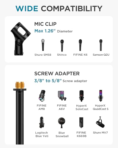 Image of InnoGear Adjustable Desk Microphone Stand, Weighted Base Boom Arm Mic Stand, 3 /8'' and 5 /8'' Threaded Mounts for Blue Yeti HyperX QuadCast SoloCast Fifine, Kick Drums, Guitar Amps, Black, Large