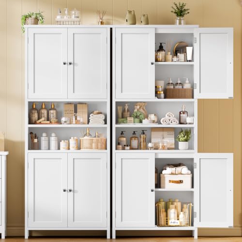 Image of TEENFON 66.9 inch H Tall Bathroom Storage Cabinet with 4 Doors & 2 Open Shelves | Bathroom Cabinet with Adjustable Shelves, Large Capacity Cabinet for Kitchen, Living Room, Entryway, Laundry & Pantry, White