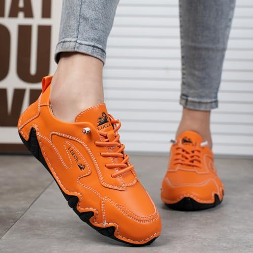 Women's Italian Handmade Leather Sneakers, Outdoor Soft Soled Non Slip Waterproof Casual Lightweight Breathable Walking Beck Shoes for Hiking Trailing Camping & Driving (Color : Orange, Size : US 74