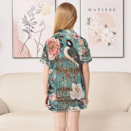 ALAZA Bird Blossom Floral Blue Art Satin Pajamas Set Short Sleeve Button Down Sleepwear Summer Pjs 2 Piece4