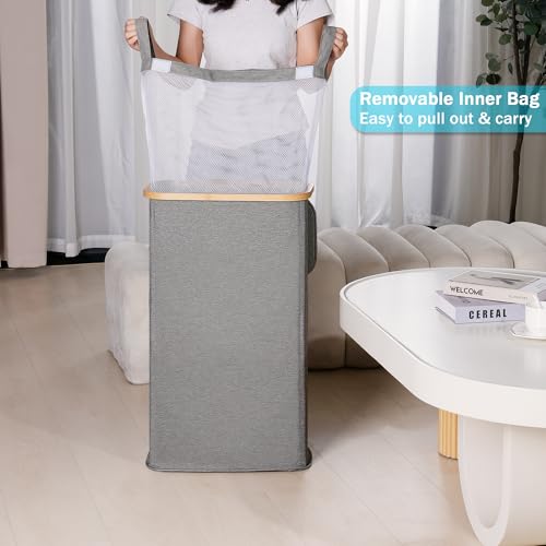 efluky Wäschekorb Schmal 63L, Schlanker Wäschekorb mit Deckel, Grau Faltbare Wäschebehälter mit Bambusgriffen und abnehmbarem Beutel für Waschküche, Schlafzimmer, Badezimmer