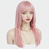 Sleekcute Long Straight Pink Wig with Bangs for Women 22 Inch Wig for Ryomen Sukuna Cosplay with Face tattoos, Synthetic Heat Resistant Fiber Wig with Skinlike HD Wig Cap for Girls Daily Use