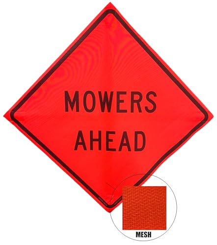 Image of OrangeGear 36 inchx36 inch Mowers Ahead Mesh Sign & Steel Spring Stand | MUTCD TTC compliant orange mesh roll-up sign kit with fiberglass cross ribs and single-spring steel stand.