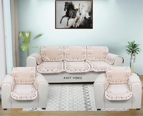 Image of KNIT VIBES Premium Velvet Jaquard Fabric Sofa Cover for 5 Seater Sofa Set Slipcover for 3+1+1 Seater Sofa Panel Cover, 5 Seater, Cream Color, Flower Lines