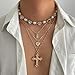 Gold Statement Necklace For Women Dainty Pearl Colorful Crystal Gemstone Necklace Multilayered Gold Heart-Shaped Cross Pearl Necklace Fashion Jewelry For Women (four)