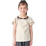 [ever closet] Tシャツ キッズ 子供 女の子 半袖 綿100％ [ サンドベージュ 120 ] スクエアネック クロスデザイン フリル袖 春服 夏服 通園 通学 普段着 子供服 キッズ服 エバークローゼット