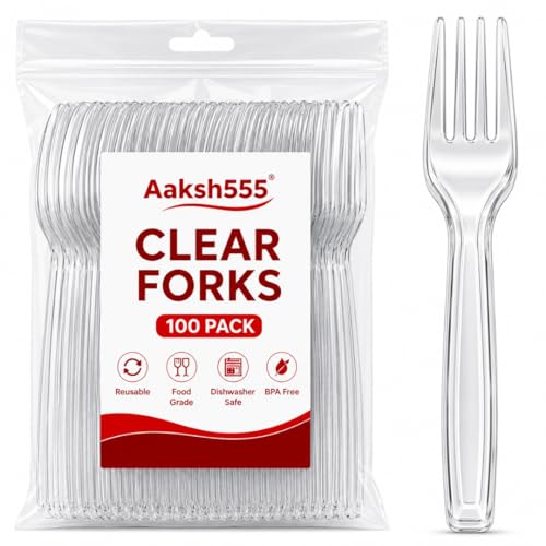 AAKSH555|100 Pcs | Re-usable Clear Forks |Dishwasher Safe| Washable Heavy Duty for Soup and Dessert | Picnics BBQs Camping Everyday Use.