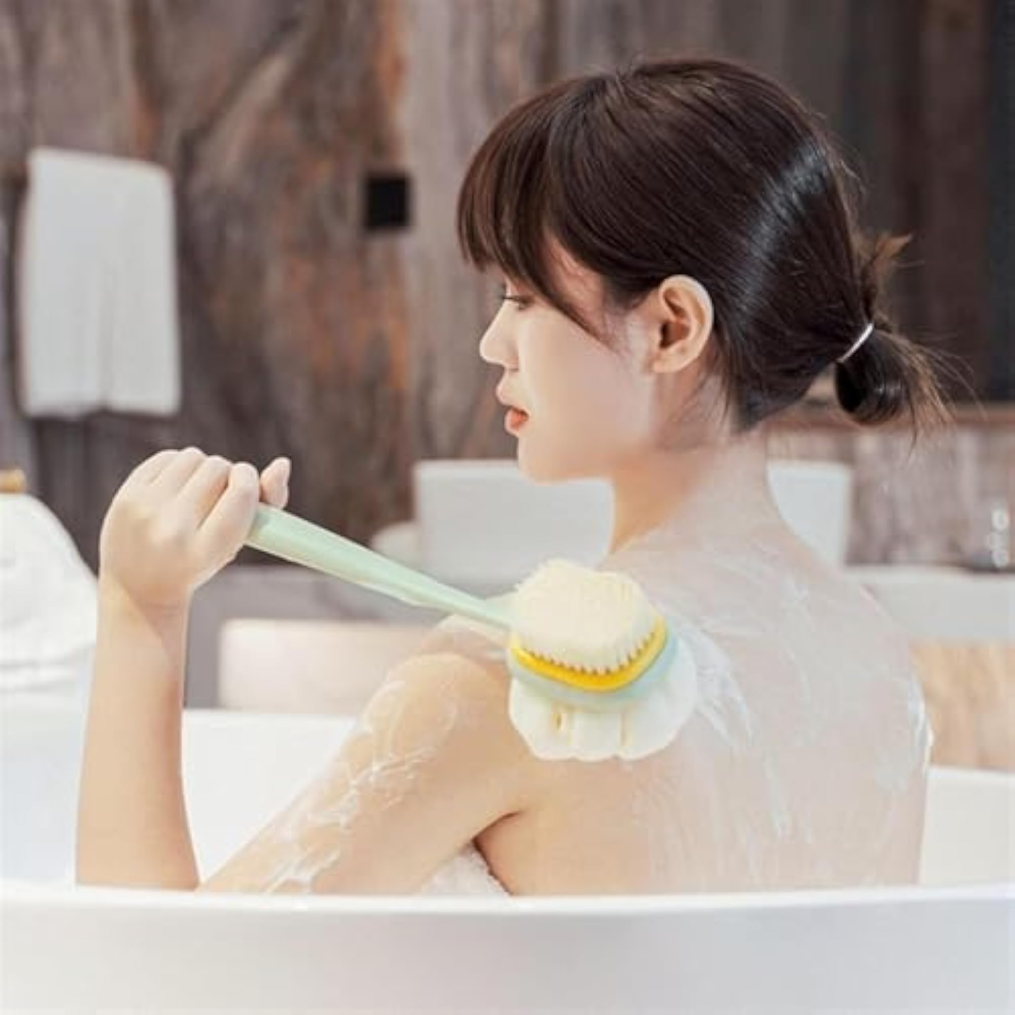 2 IN 1 Loofah Bath Brush, Back Scrubber with Curved Handle