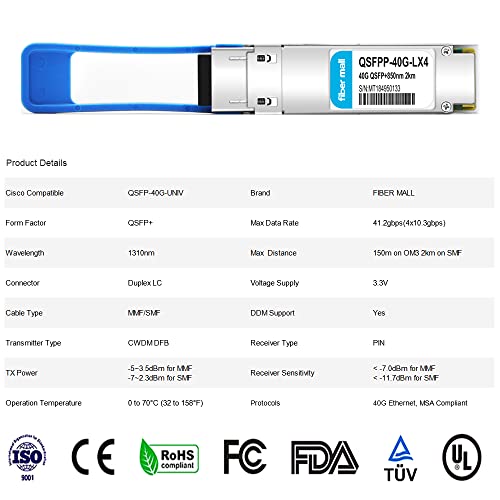 Image of 40G QSFP+ LX4 for Cisco QSFP-40G-UNIV 40GBASE-UNIV QSFP+ 4 CWDM 1310nm 2km /150m SMF /MMF LC DDM Optical Transceiver Module
