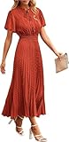 Vestido Midi de Verano for Mujer, Manga Corta abullonada, Escote en V, Lunares suizos, Plisado, Corte A, Suelto, Largo, Fruncido, for invitada de Boda.(Brass,XX-Large)