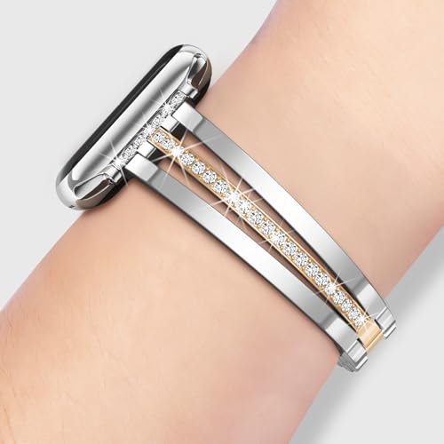 Image of AIRSPO Slim Gold Band Compatible with Apple Watch 38 /40 /41 /42 /44 /45 /46mm Women Metal Dressy Jewelry Bracelet with Bling Diamond for iWatch Series 10-3 /SE (Gold and Silver, 38 /40 /41 /42mm(Series 10))