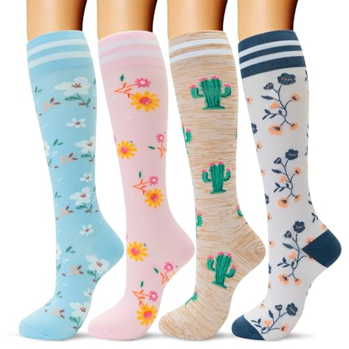 fenglaoda Compression Socks Women Men 4 Pairs, Knee High Support Socks for Running, Sports, Travel, Flight, Nurse