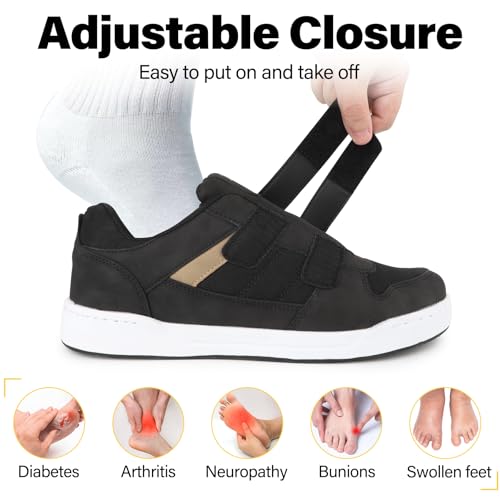 Wide Width Walking Sneakers for Men – Diabetic Orthopedic Shoes with Adjustable Hook & Loop – Non-Slip Comfort for Edema, Swollen Feet, Neuropathy – Lightweight Casual Shoe Black EU42.5/US9.53