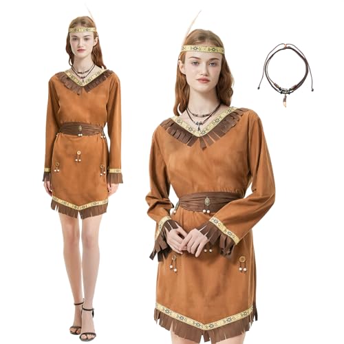 FORMIZON Indianer Kleider Damen, Indianerkleid Frauen, Karneval Kostüm Damen Indianerin, Indianer Kleid Set mit Stirnband und Halskette, Indianer...
