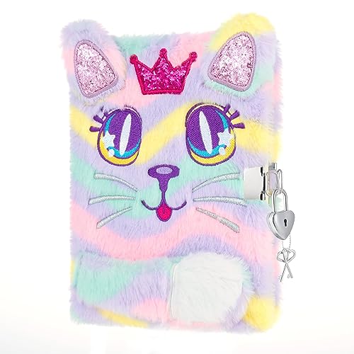 WERNNSAI Libreta Gato Peluche - Brillante Gato Diario para Niña Niños Regalo Bordado A5 Secreto Forrado Cuaderno Escuela Oficina Escritura Dibujo Bloc de Notas con Cerraduras y Llaves
