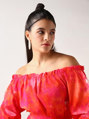 Image of Bewakoof Women's Fit and Flare Above The Knee All Over Printed Regular Fit 3 /4 Sleeve Shoulder Pure Satin Dress