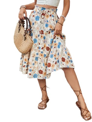 BARASA Summer Women's Midi Skirts Boho High Elastic Waist Fake Drawstring Floral Print A line Casual Cute Skirt D6263